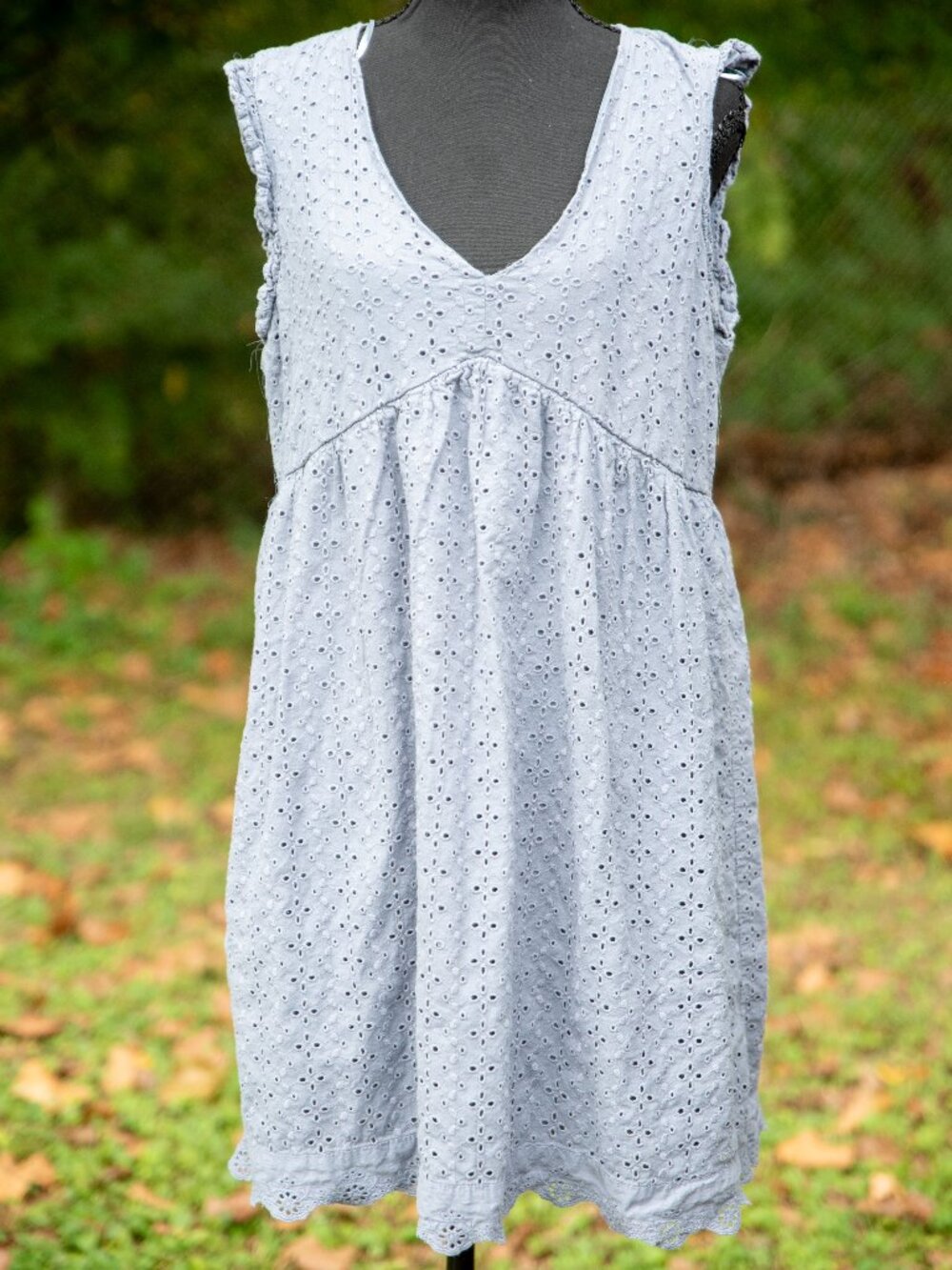 Knox Rose Womens Blue Eyelet Ruffle Mini Dress V-Neck Cotton Boho Medium Lace